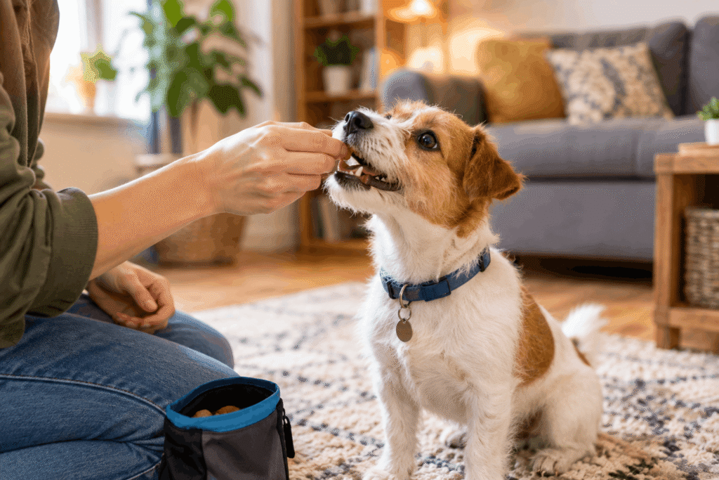 A close-up candid shot of a small dog eagerly taking a treat from its owner's hand during a training session indoors, cozy living room setting softly blurred in the background, warm natural lighting, joyful and rewarding mood, realistic lifestyle photography style, shallow depth of field, no text or watermark in the image
Yeh "reward-based training" (positive reinforcement) wala real moment dikhata hai — thumbnail me outdoor/German Shepherd wala serious training scene tha, yeh indoor/small dog wala warm, home-based moment hai, so dono visually completely different lagenge.