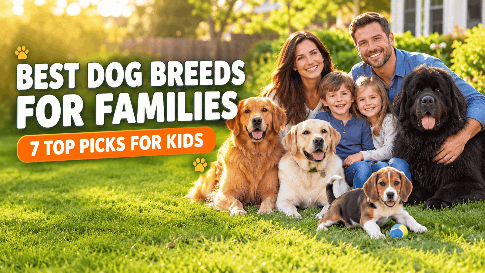 Happy family sitting with Golden Retriever, Labrador, Newfoundland, and Beagle, best dog breeds for families